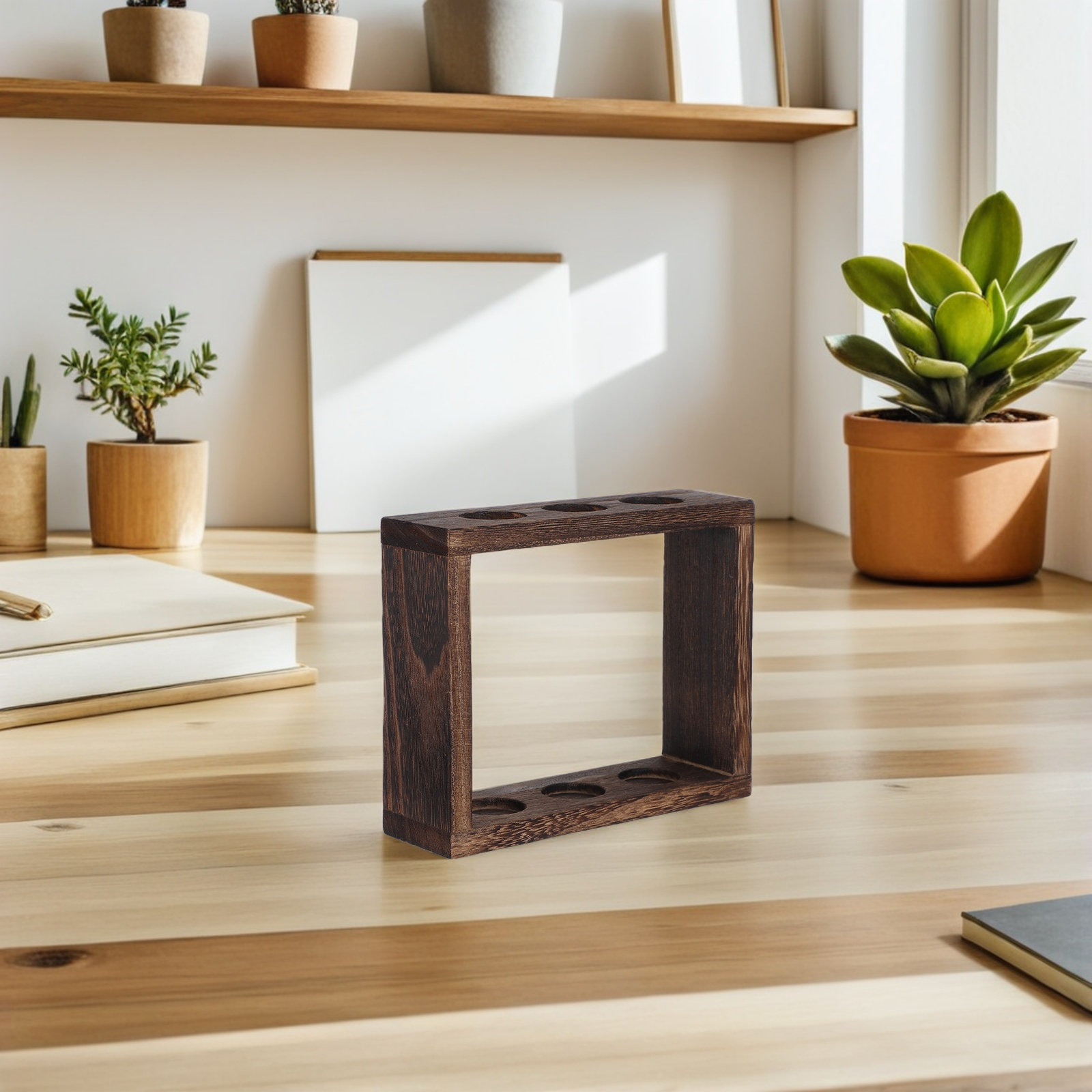 卓上型水耕栽培ステーション。ガラス製試験管3本、木製プランタ - Propagation Station Vase のレビューと価格
